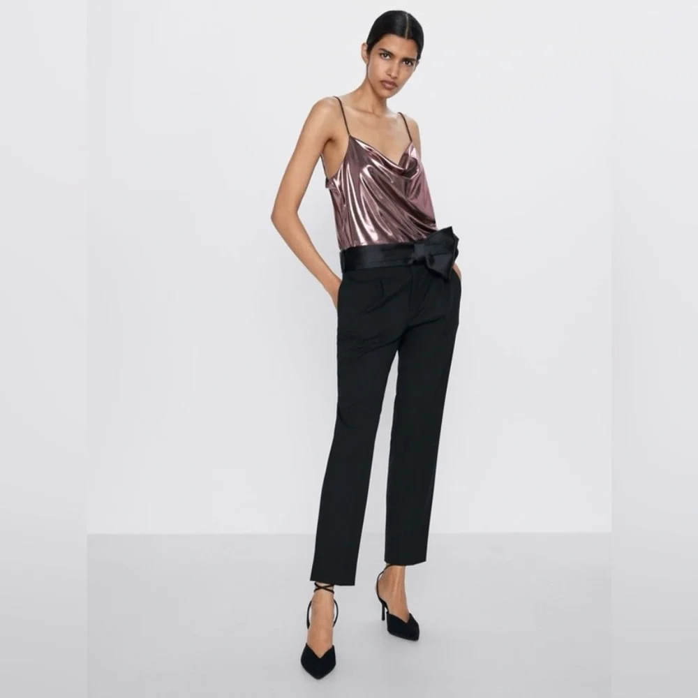 Zara Satin Bow Sash Belt Trousers Dress Pants Cocktail Black Size XL